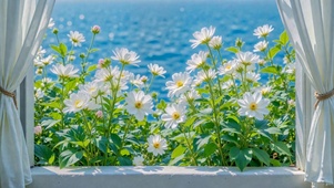 窗边蓝海白雏菊清新风景