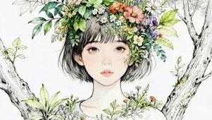 简化笔鲜花女孩