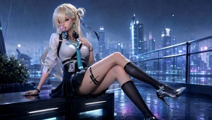 雨夜都市天台金发美少女