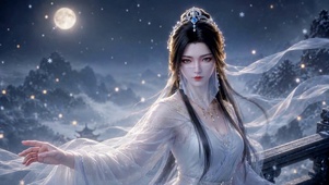 雪夜月下古风仙气美女