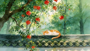 石榴树下慵懒小猫