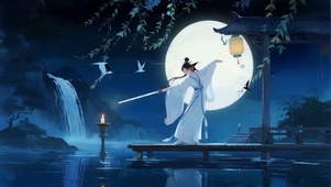 月夜水榭持剑古风女孩