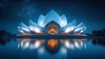 纯净星夜湖畔莲花建筑