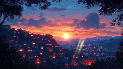 山林晚霞落日静谧古镇