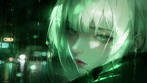 朦胧雨夜窗外少女