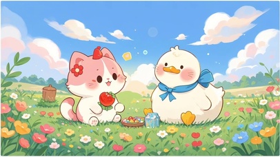 小清新猫猫鸭鸭一起吃草莓呀