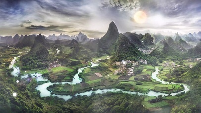 4K夕阳山脉小镇稻田湖泊