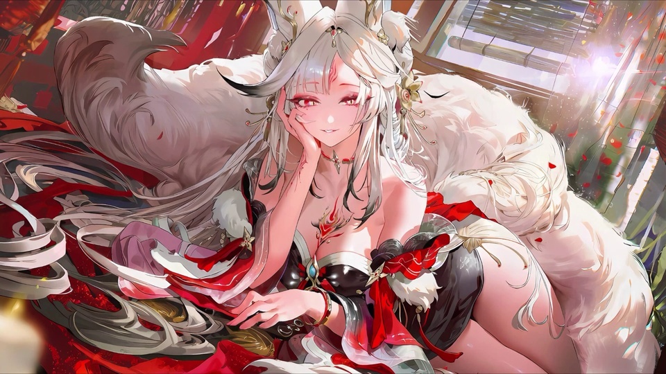 古风狐耳少女托腮浅笑，身后是蓬松的白色狐尾，红调室内场景飘着红色花瓣。