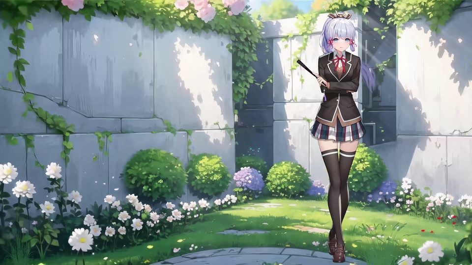 紫发女学生站在绿植花丛环绕的日式庭院石板路上。