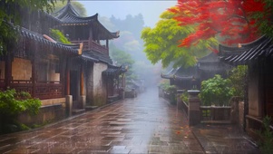 雨天古镇