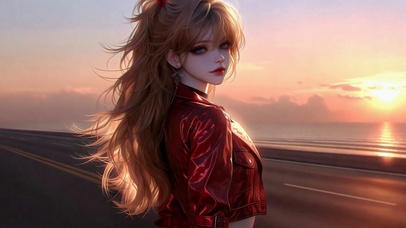 海边落日红发二次元美少女