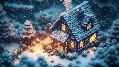 微观冬日雪中温馨小屋
