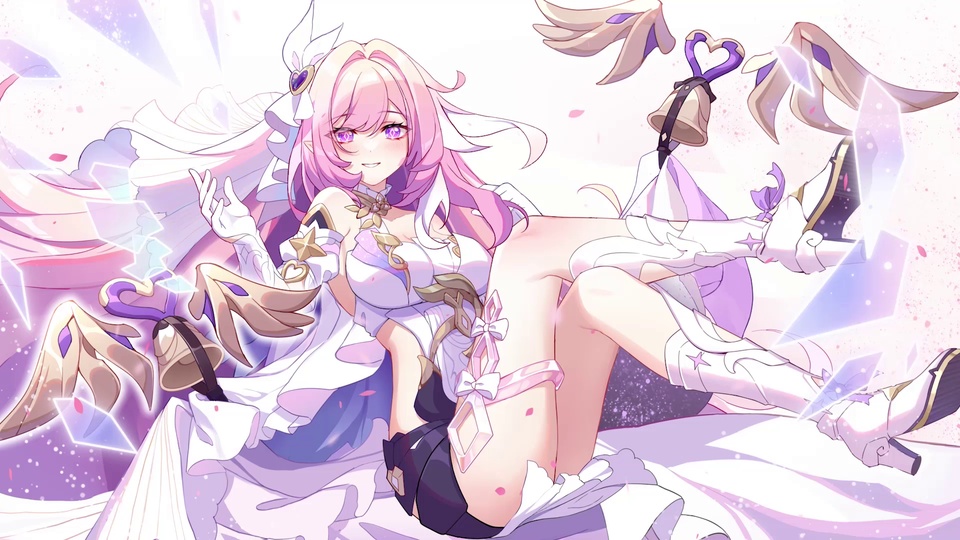 粉紫长发二次元少女置身柔光粉紫背景，周边环绕透明晶体与鎏金翼状装饰