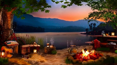 傍晚湖边篝火露营