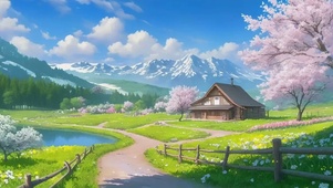 唯美的樱花飘落小屋风景