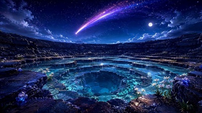 梦幻星空蓝池流星月夜美景