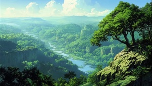 远眺绿色溪流树林风景