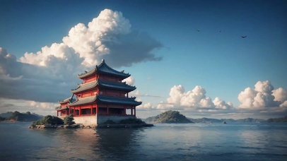 国潮壮观湖畔夕阳