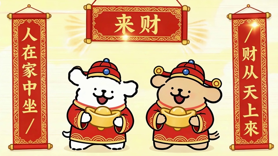 两只穿红财神服的卡通小狗捧金元宝，旁侧配有红底金字对联与横批。