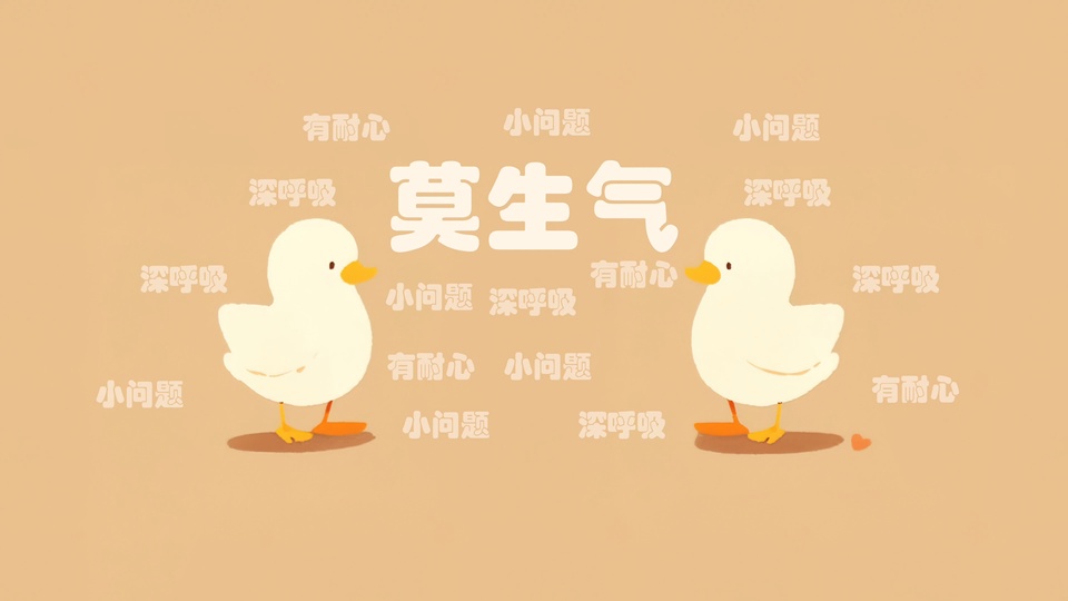 暖棕背景下的两只米白色卡通小白鸭，周边散落白色治愈小字，居中配莫生气字样。