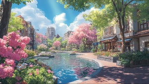 春日粉色城市河岸公园