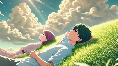 治愈系蓝天白云下的情侣