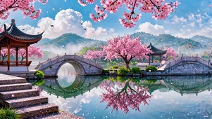 春日桃花平湖景