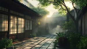 朦胧夏日国风庭院黄昏