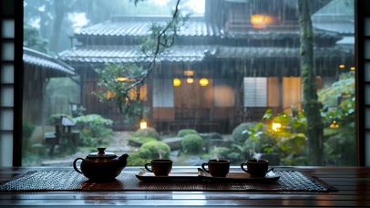 江南雨天庭院