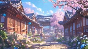 蓝天樱花古风村落