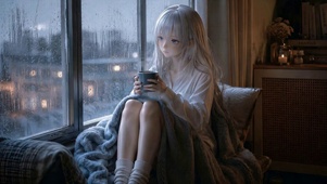 雨天窗边银发美少女