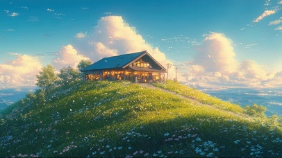 白云蓝天山坡晚霞木屋