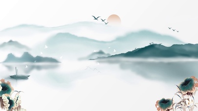 中国画山水风大雁日出