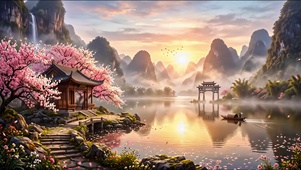春日桃溪晨渡