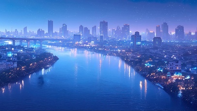 迷雾城市河畔夜景