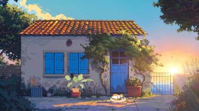 治愈插画夕阳小屋