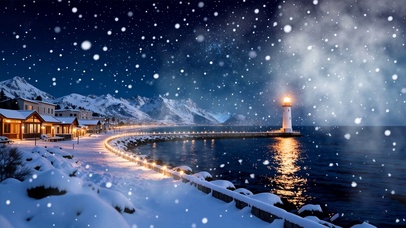 雪景房屋灯塔