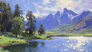 油画白云花草树木河流带鱼屏