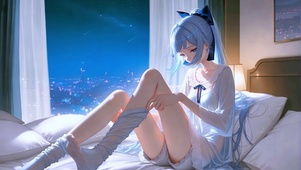 窗边白丝长发睡意萝莉