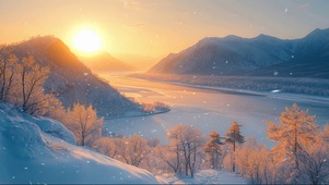冬季落日积雪岛屿