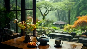 雨天庭院小屋品茶