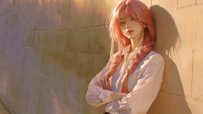 夕阳光下的粉发少女