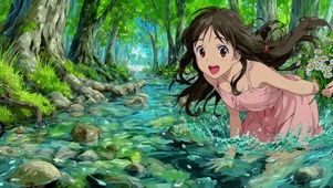 清凉夏日溪边少女