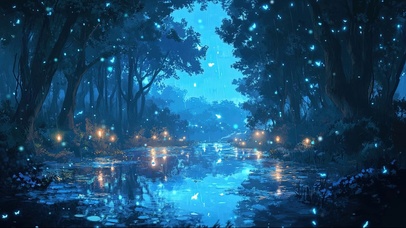 静谧幽蓝荧光森林夜晚