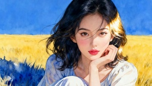 坐着草地女孩