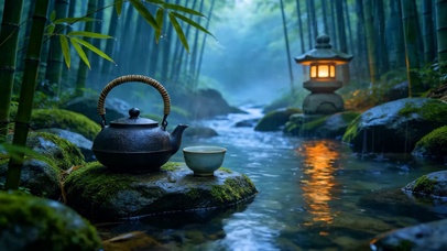 竹林雨景溪流