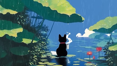 荷叶下躲雨猫咪
