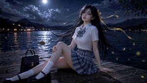 月夜湖边JK美少女