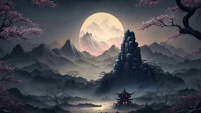 古风樱花树木夜景河流