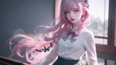 纯欲高冷粉色长发二次元美少女